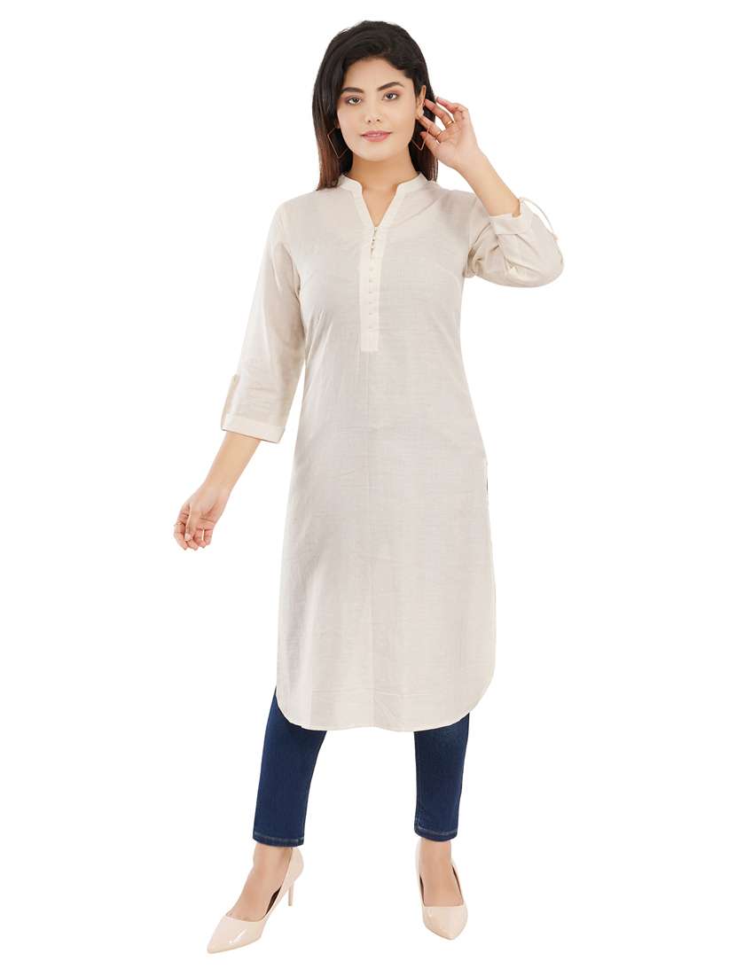 off-white solid high-low kurti - 19085743 - Standard Image - 1