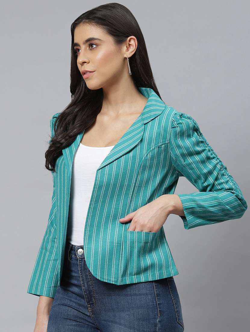 women lapel neck striped regular jacket - 19086598 -  Standard Image - 1