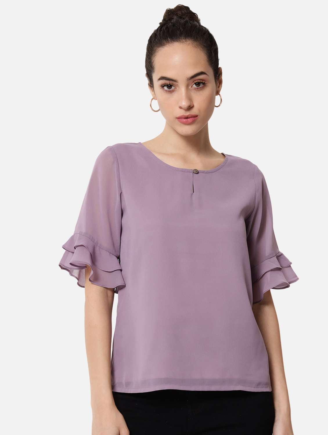 women lavender regular fit bell sleeve key hole neck top