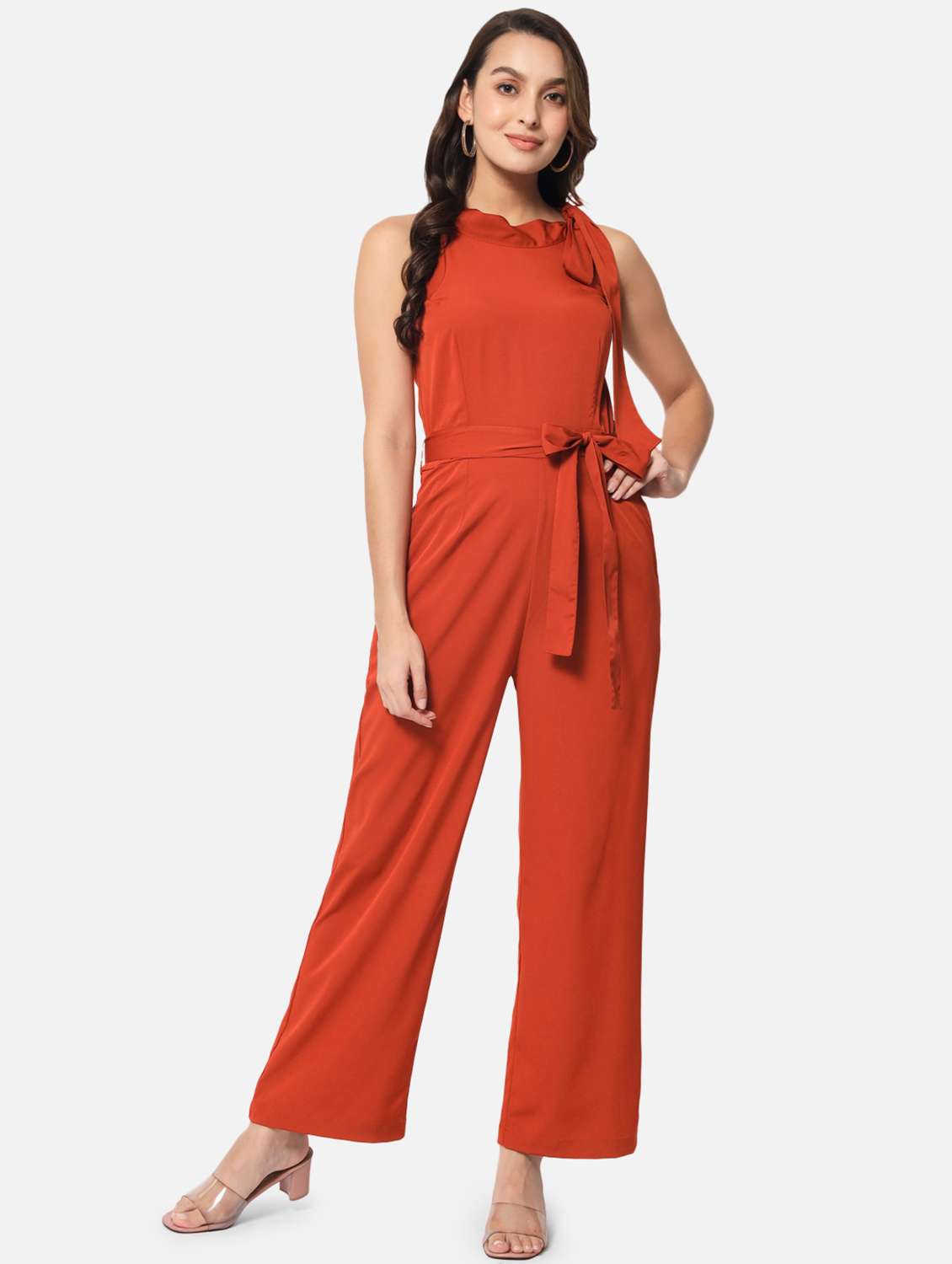 tie knot detail solid full leg jumpsuit