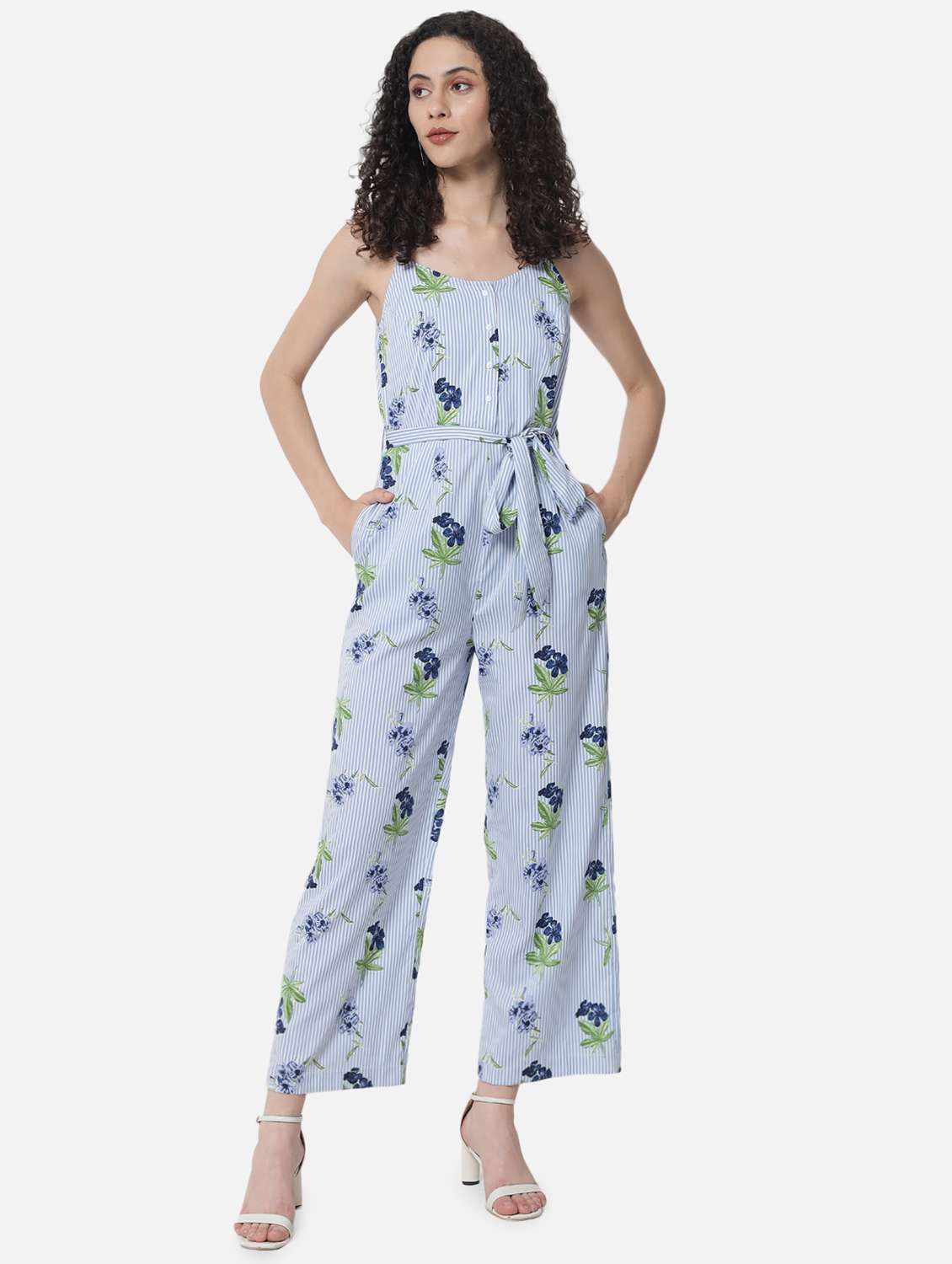 tie front striped full leg jumpsuit