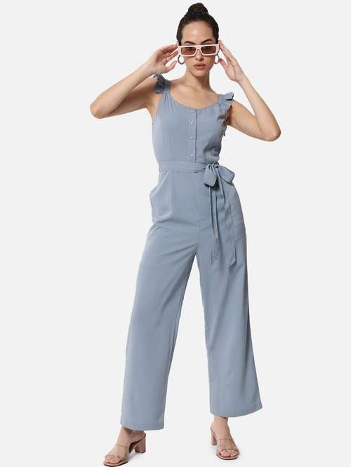 tie front solid full leg jumpsuit - 19087182 -  Standard Image - 0