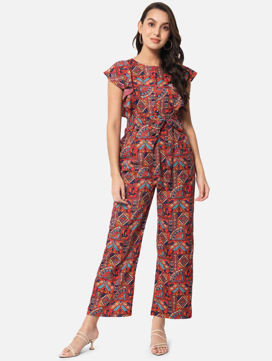 tie front printed full leg jumpsuit