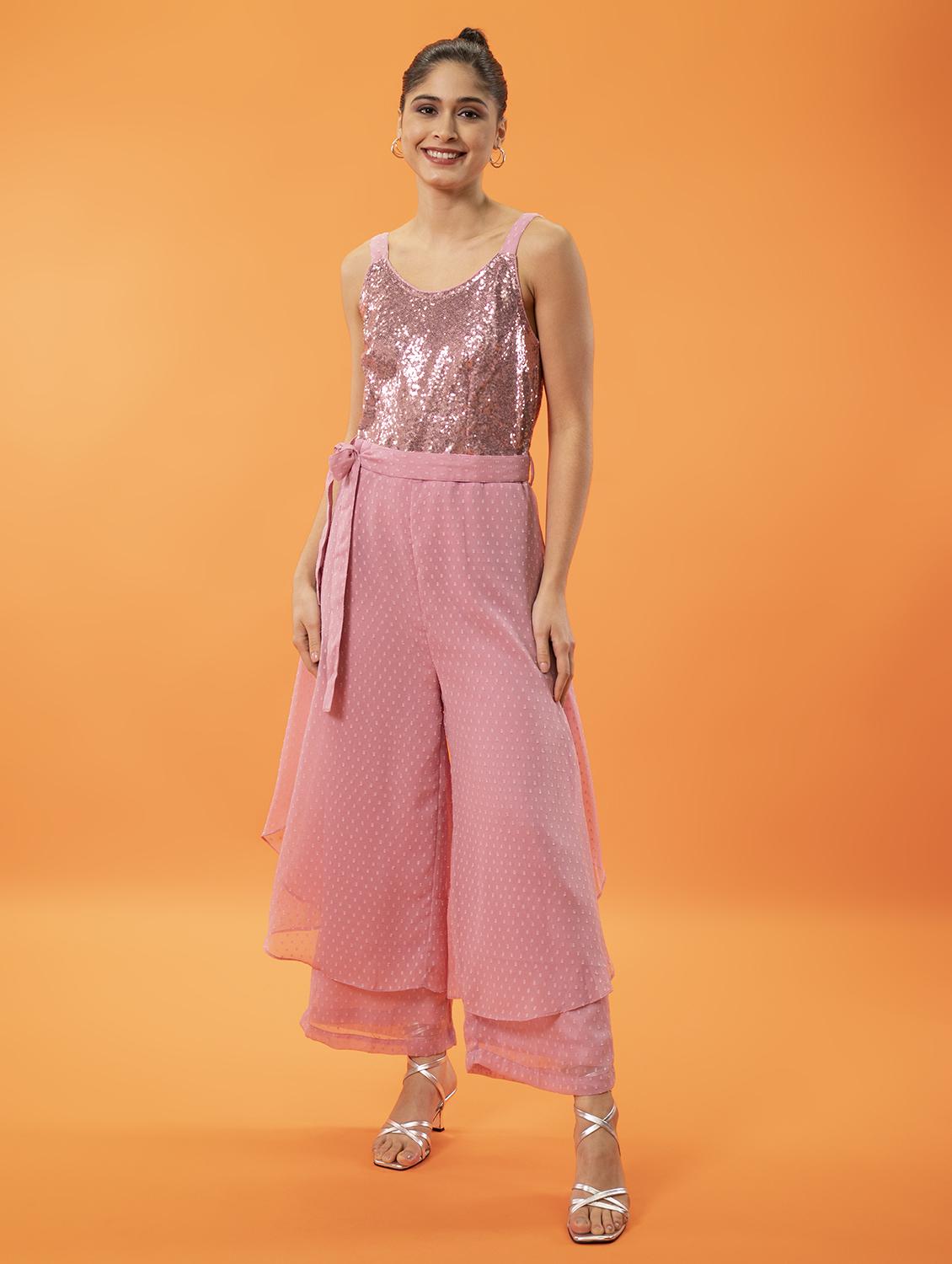 tie front sequins full leg jumpsuit - 19087188 - Zoom Image - 0
