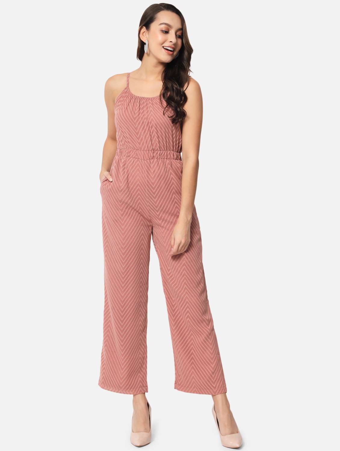 cami neck chevron full leg jumpsuit