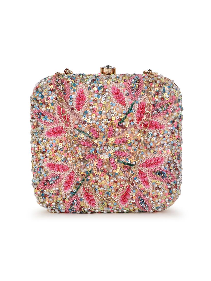 embroidery faux silk box clutch - 19088637 - Zoom Image - 0