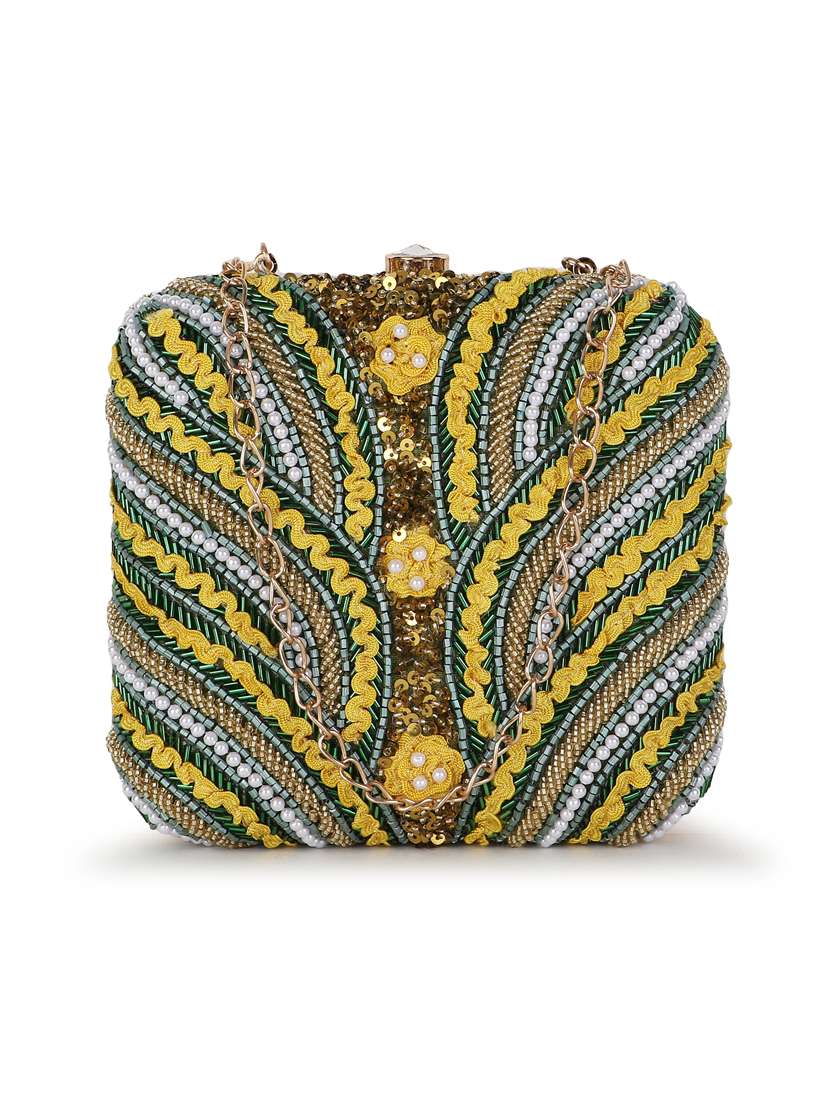 multi colored faux silk box clutch