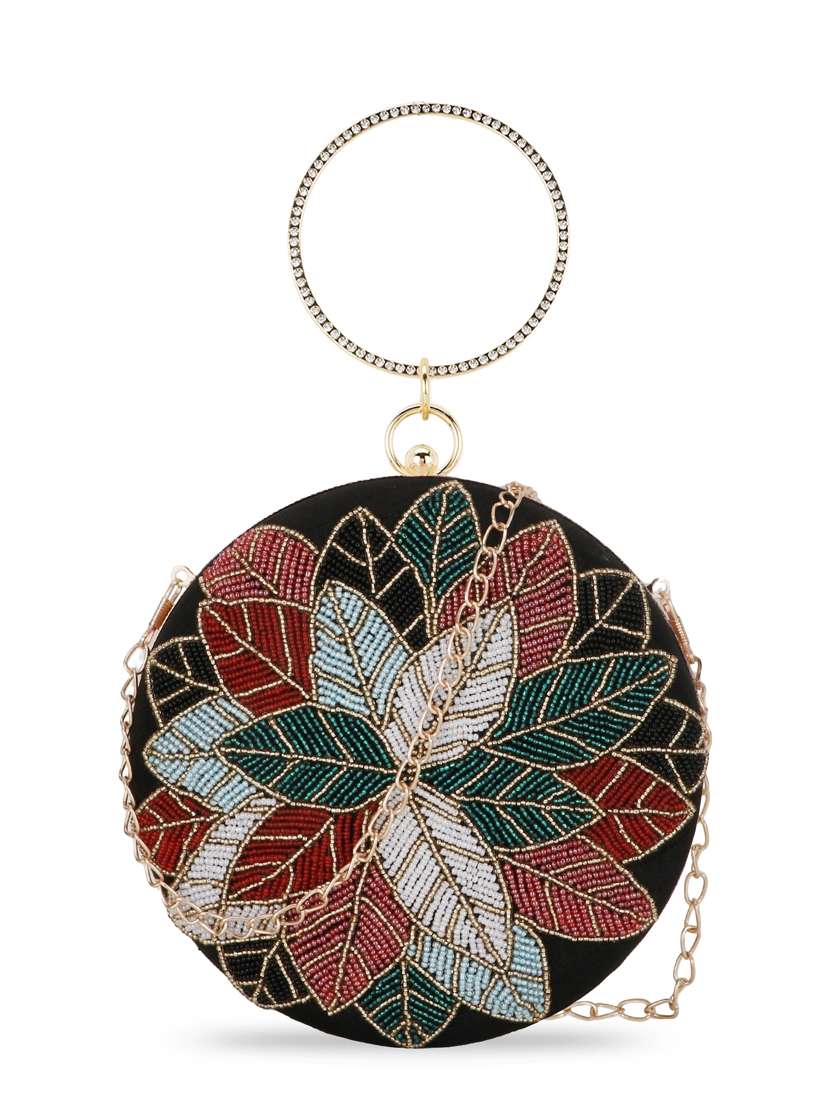 multi colored faux silk box clutch