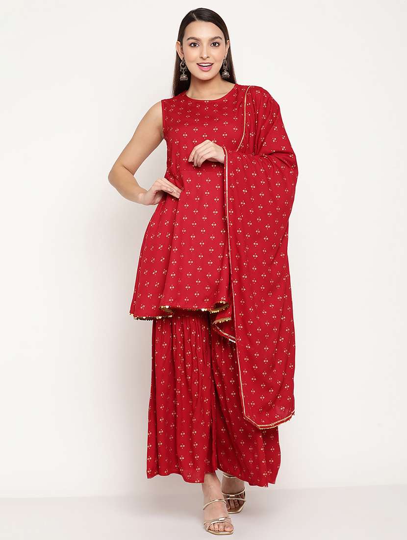 women printed red kurta sharara dupatta set