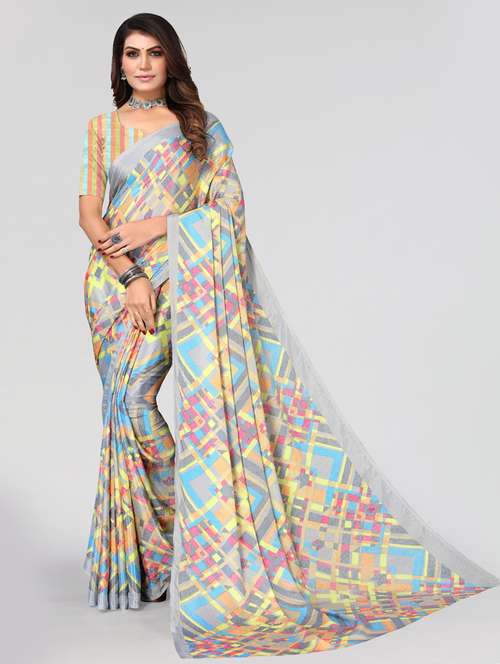 women's geometric pearl grey colored saree with blouse - 19089745 - Standard Image - 0