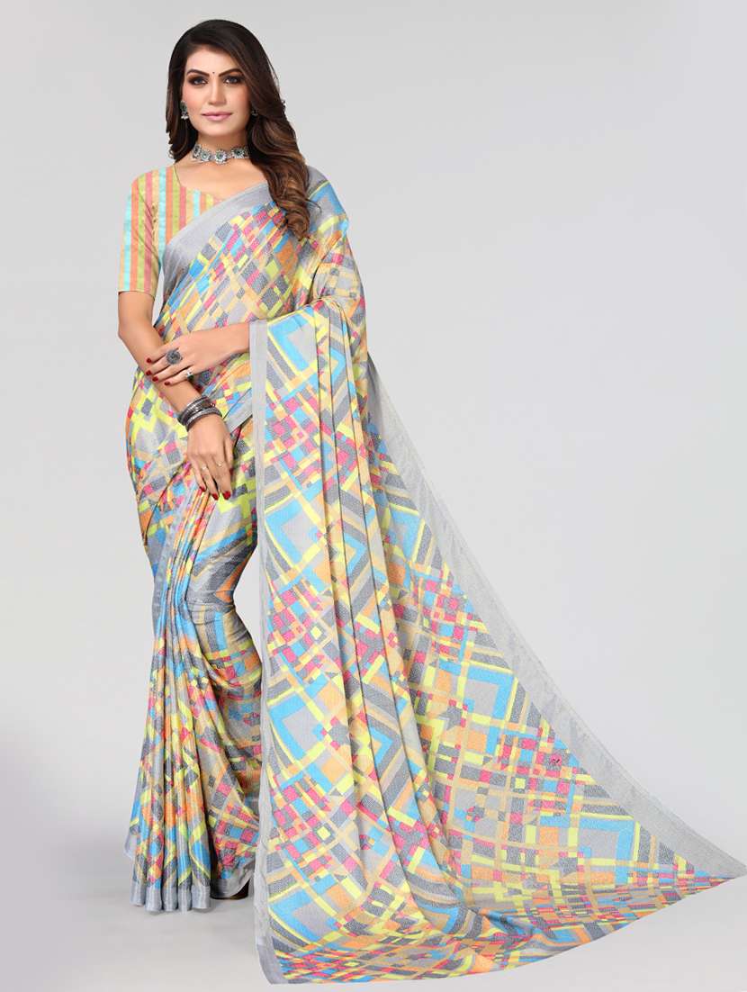 women's geometric pearl grey colored saree with blouse - 19089745 - Zoom Image - 0