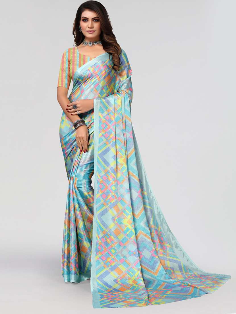 women's geometric light blue colored saree with blouse - 19089748 -  Zoom Image - 0