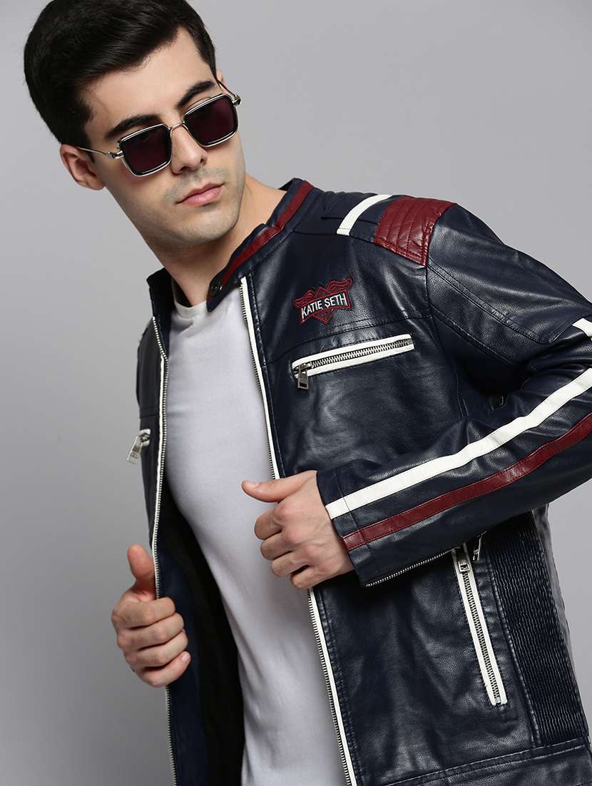 navy blue leather casual jacket - 19101535 -  Standard Image - 1