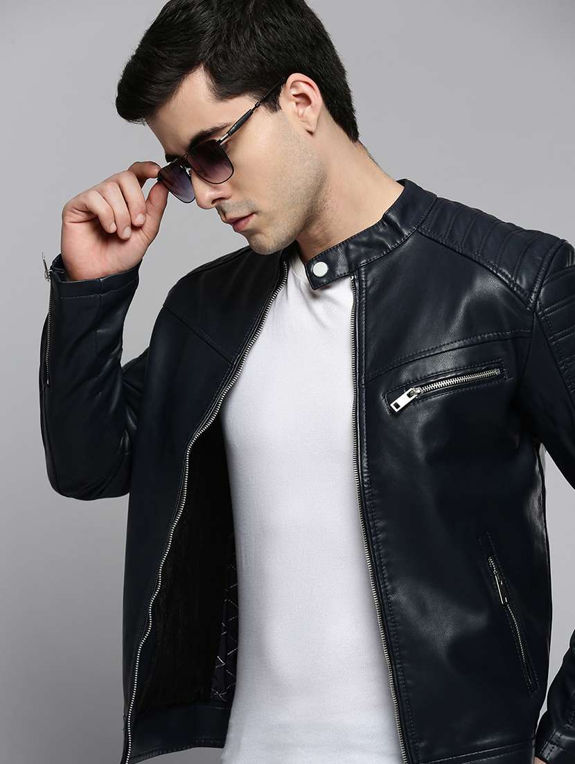 navy blue leather casual jacket - 19101538 -  Standard Image - 1