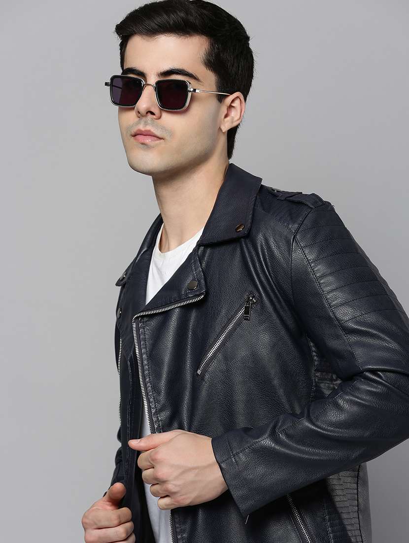 navy blue leather biker jacket - 19101553 -  Standard Image - 1