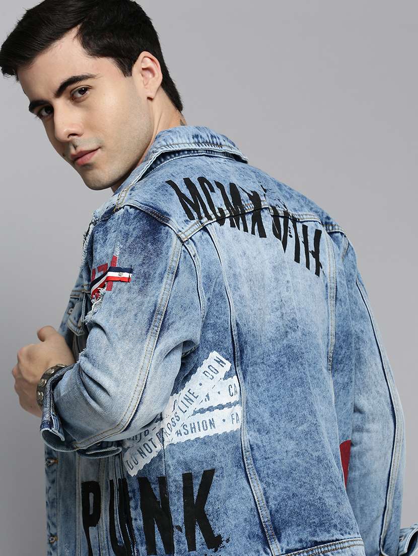 Buy online Blue Printed Denim Jacket from Jackets for Men by