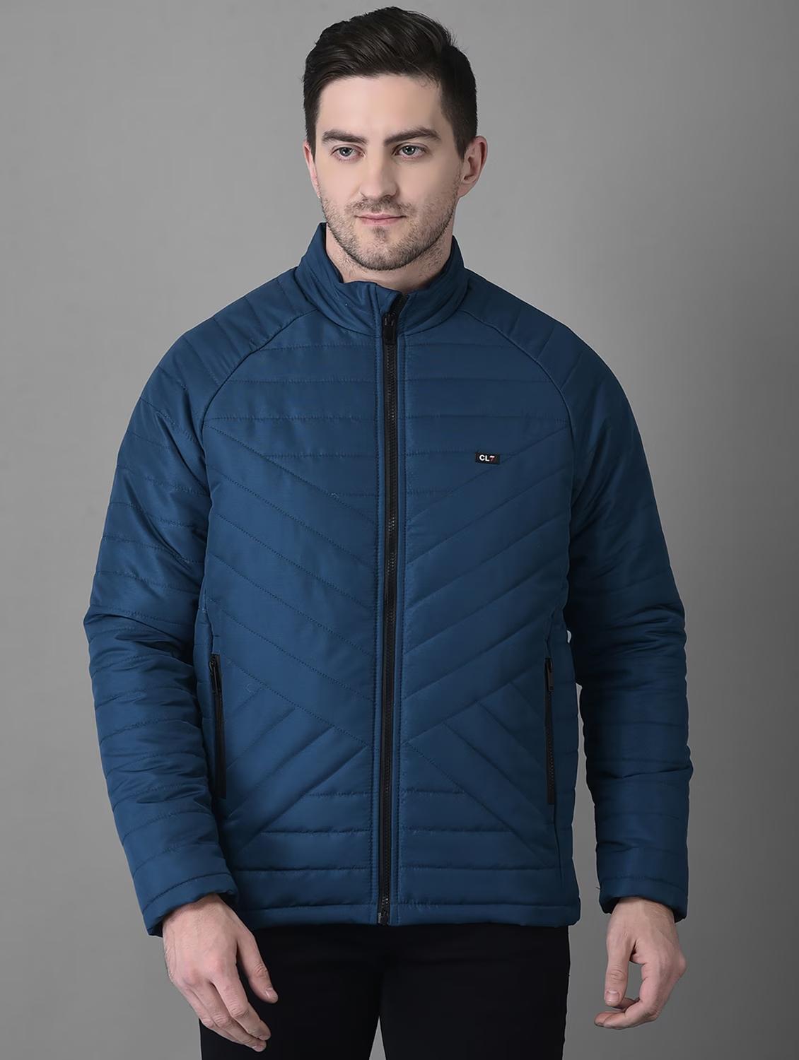 men blue solid stand collar quilted jacket - 19102190 - Standard Image - 1