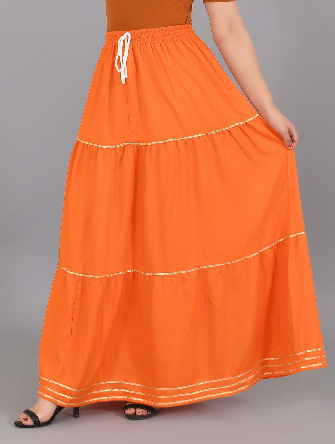 orange solid flared skirt - 19103003 -  Standard Image - 1