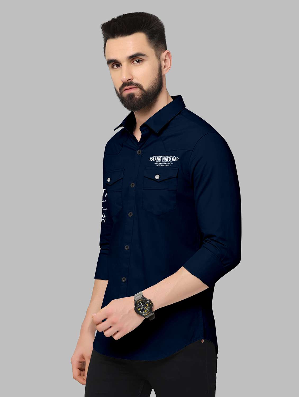 mens navy blue regular fit typography casual shirt - 19109676 - Standard Image - 1