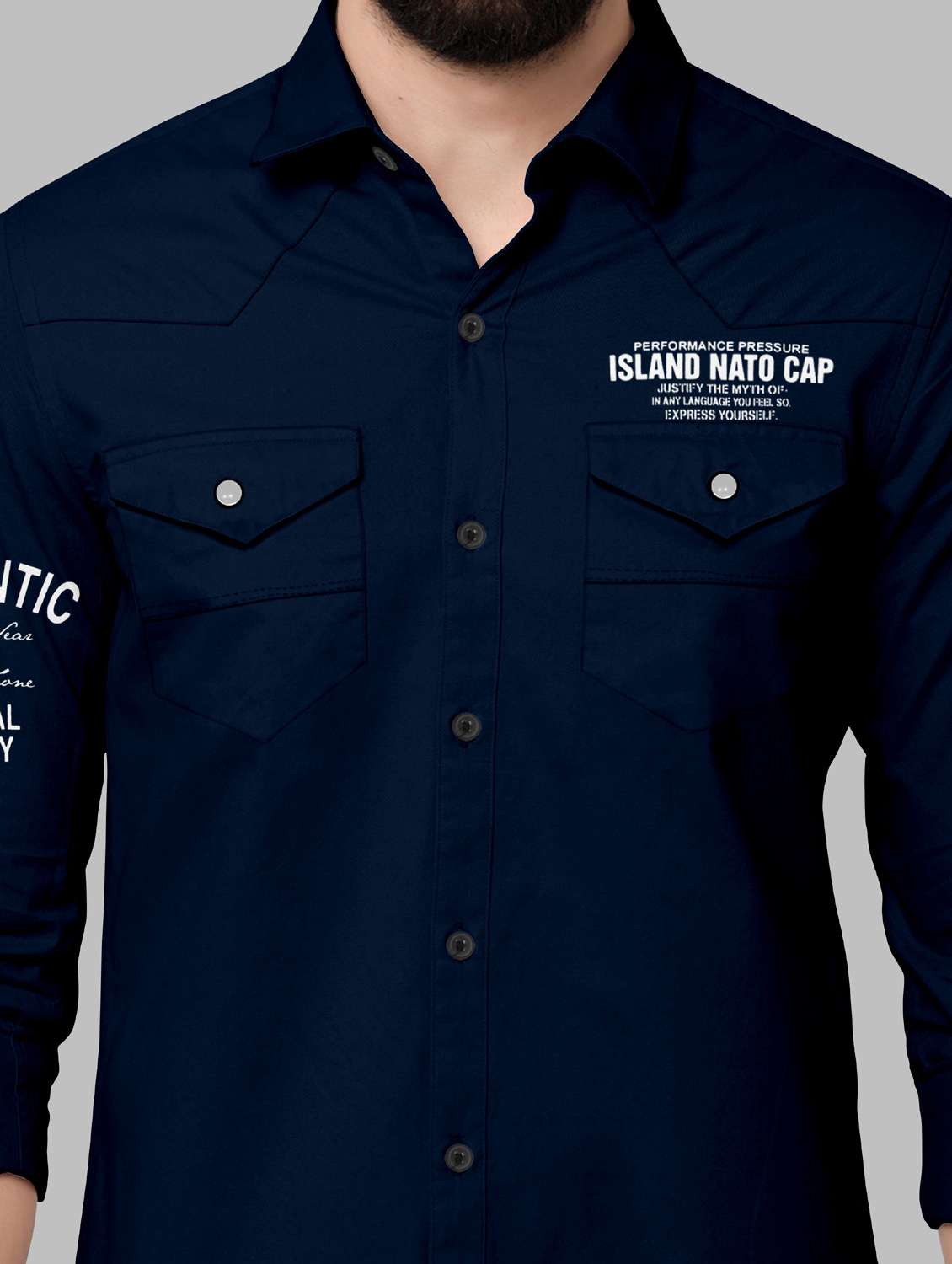 mens navy blue regular fit typography casual shirt - 19109676 - Standard Image - 4