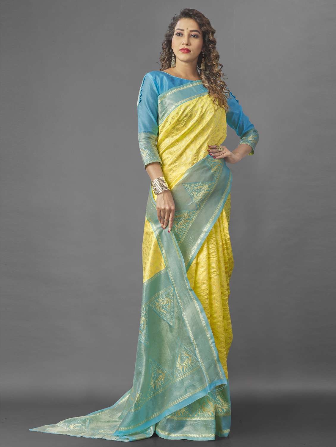 women's self design gold colored saree - 19109879 - Standard Image - 1