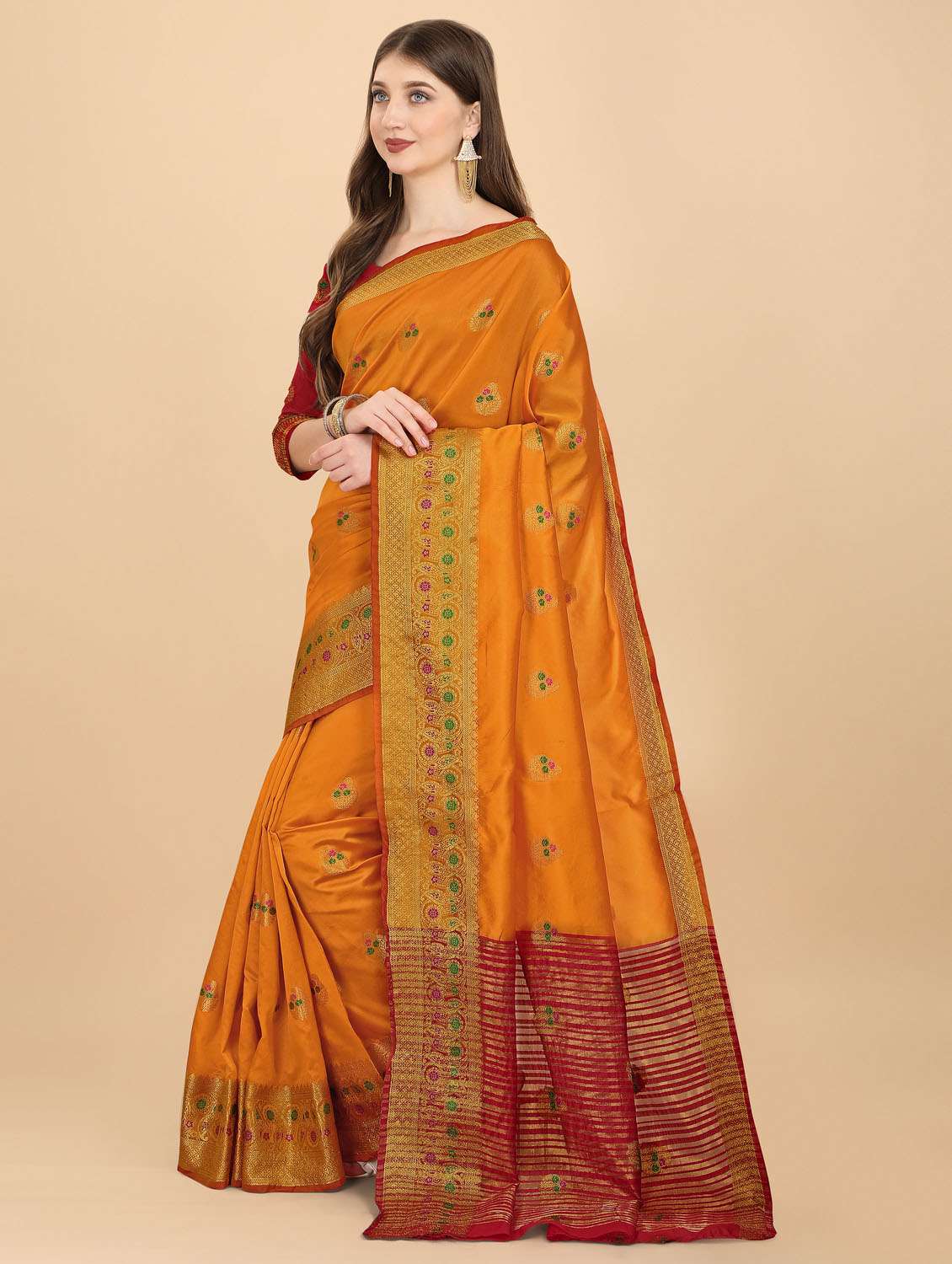 orange self design woven saree with blouse - 19110168 - Standard Image - 1