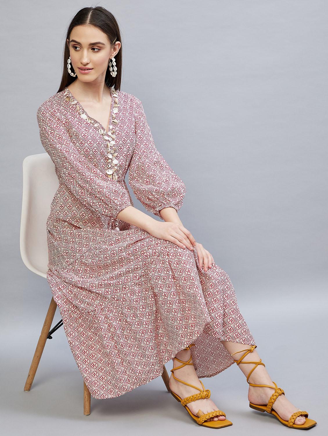 v-neck printed flared ethnic dress - 19111272 - Standard Image - 4