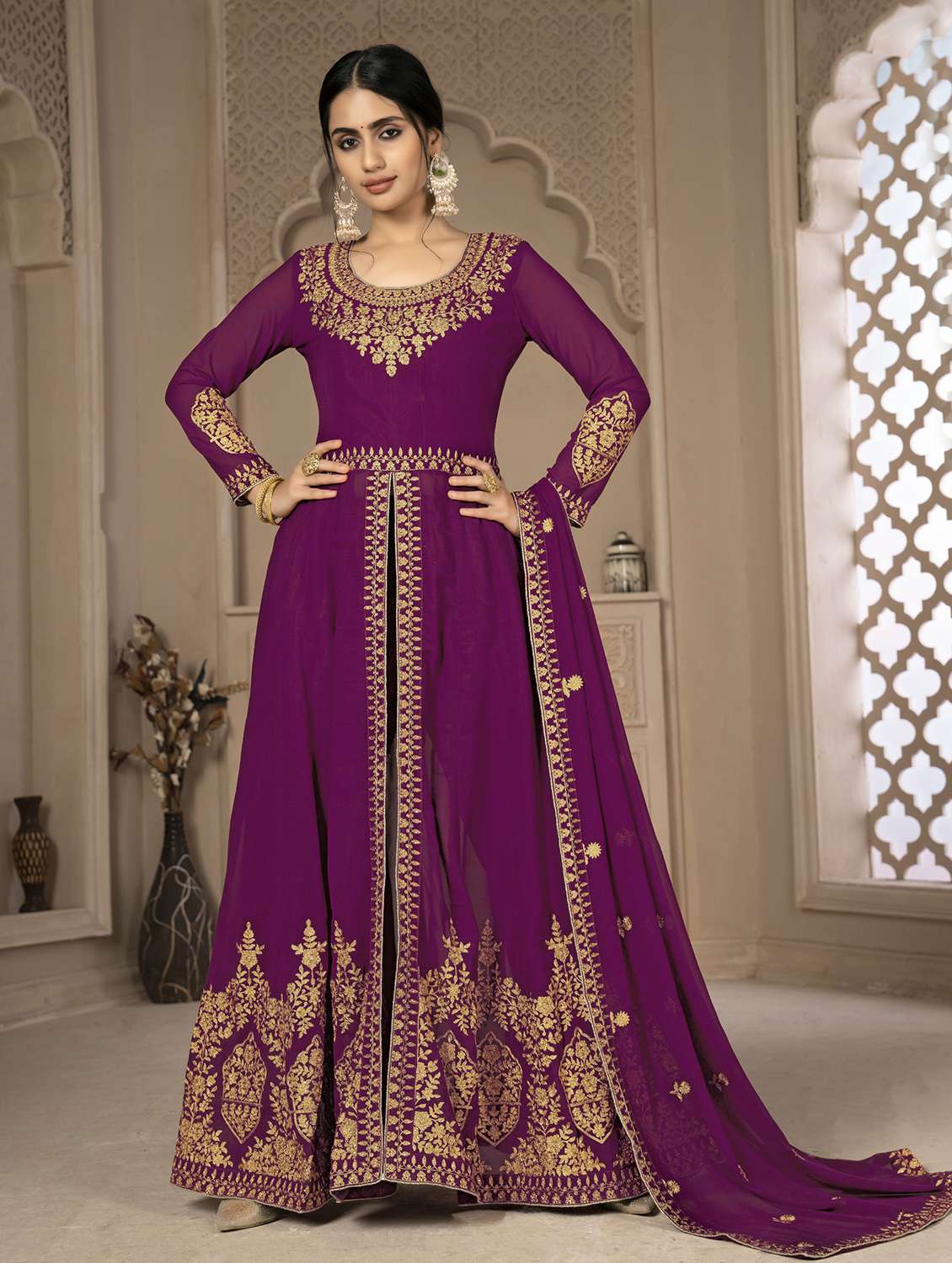 embroidered semi-stitched suit set - 19113792 -  Zoom Image - 0