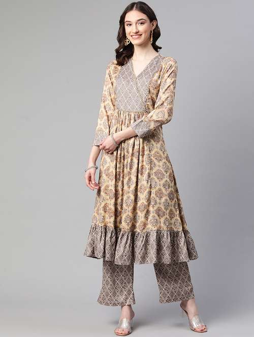 women beige printed kurta palazzo set - 19116935 - Standard Image - 0