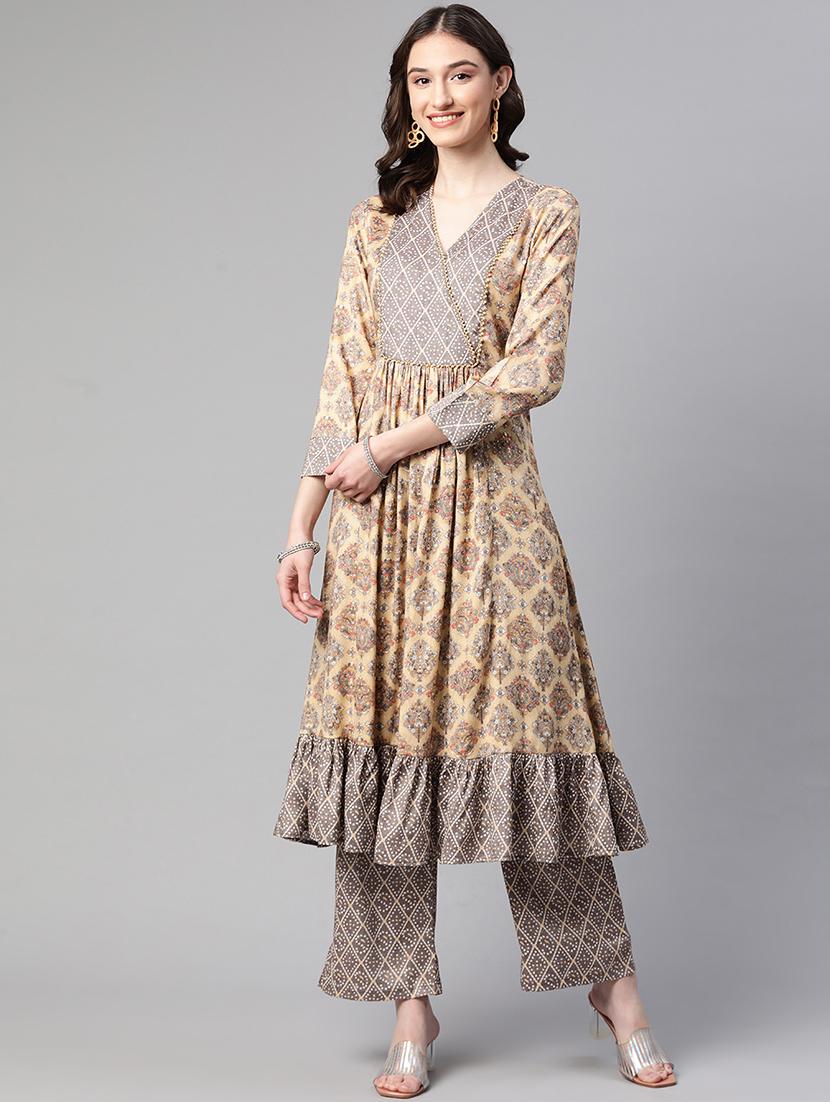 women beige printed kurta palazzo set