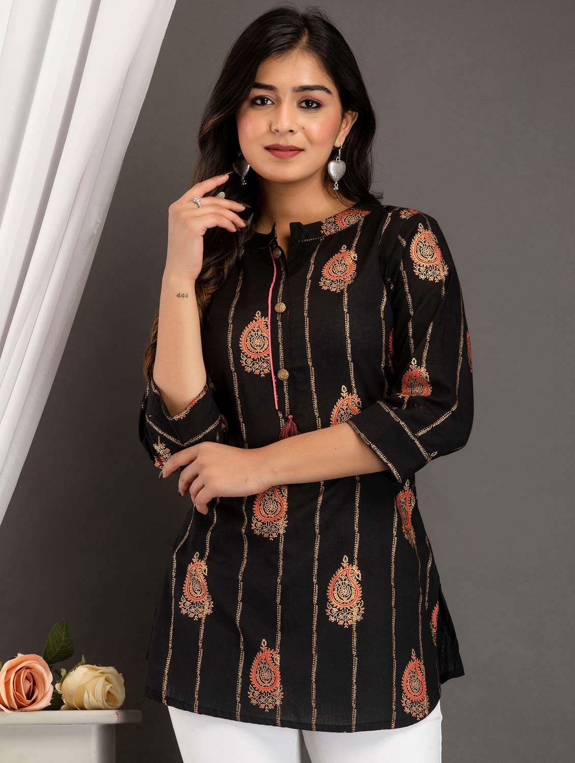 black printed mandarin neck tunic