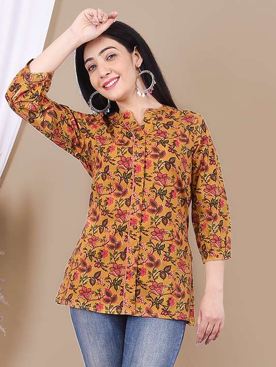 mustard mandarin neck printed three quarter tunic