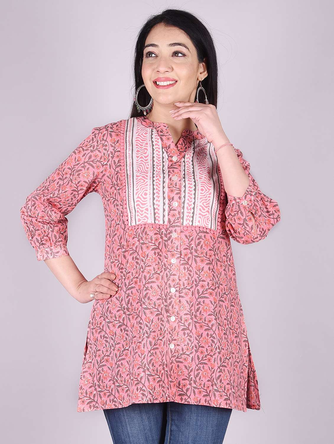 pink mandarin neck printed tunic