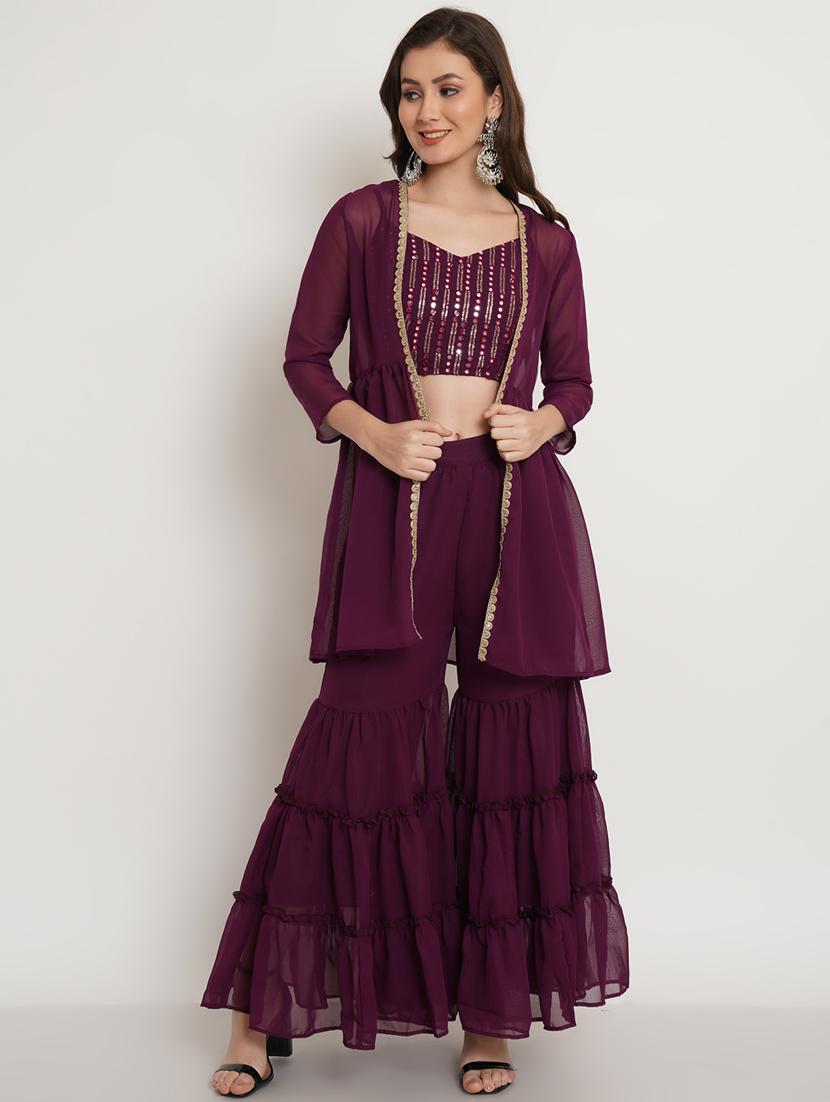 purple sequin detailed kurta sharara set - 19117988 -  Zoom Image - 0