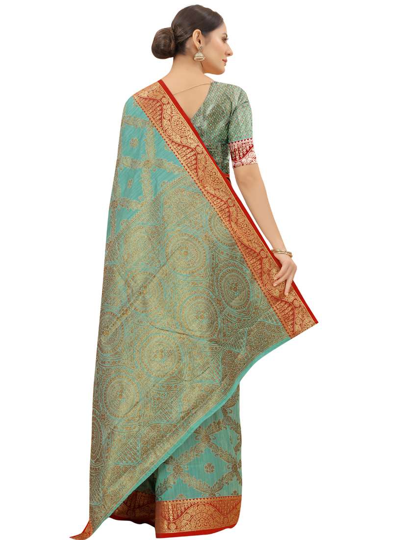 blue linen chanderi saree with blouse - 19119321 - Standard Image - 1