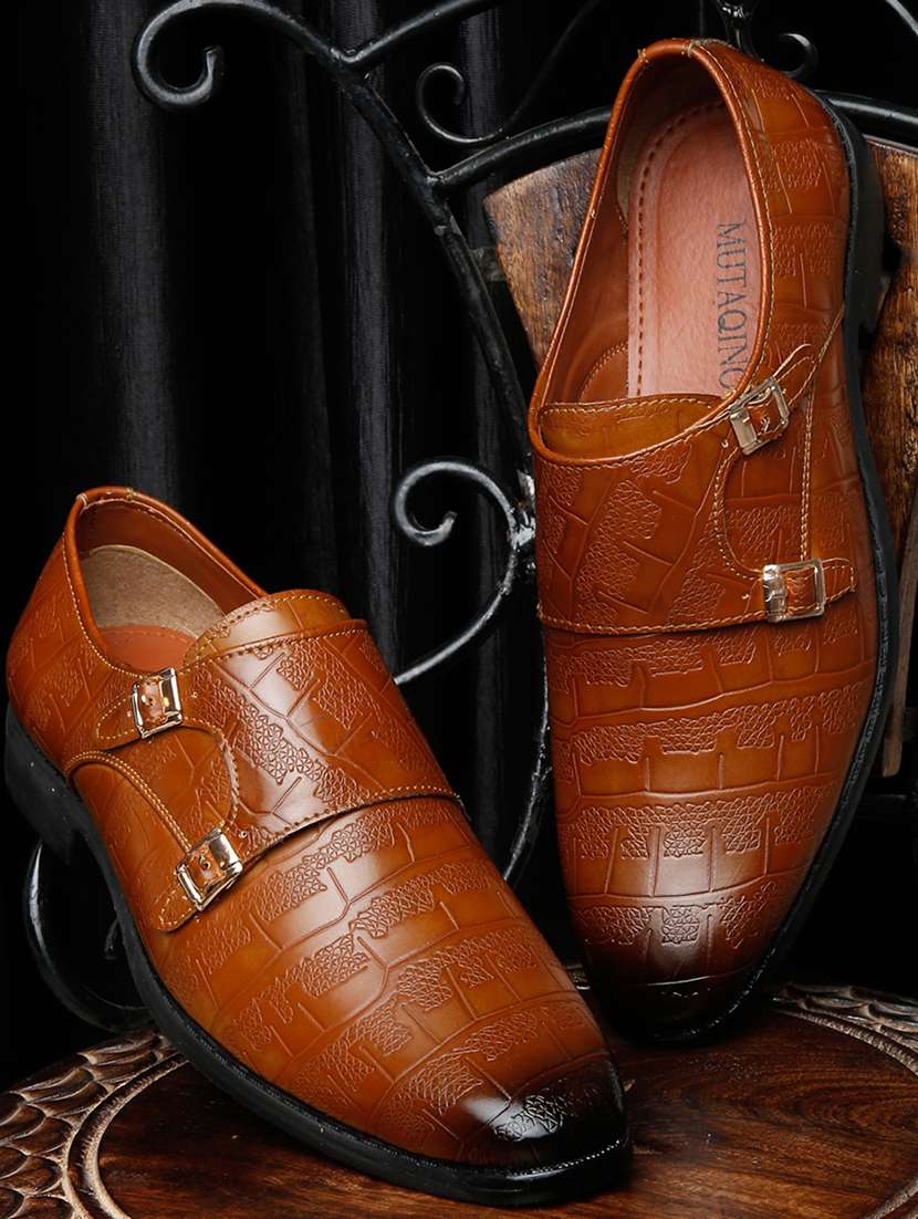 tan patent leather slip on monk straps