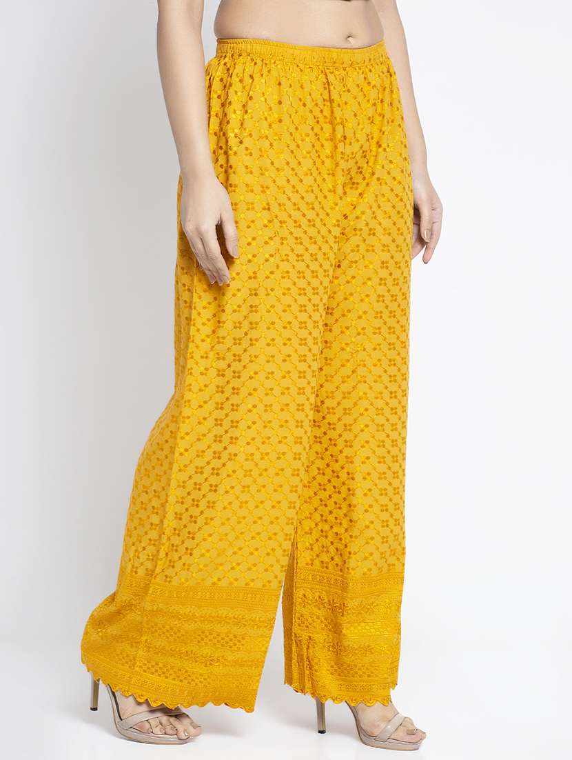 yellow embroidered straight palazzo - 19125852 - Standard Image - 1
