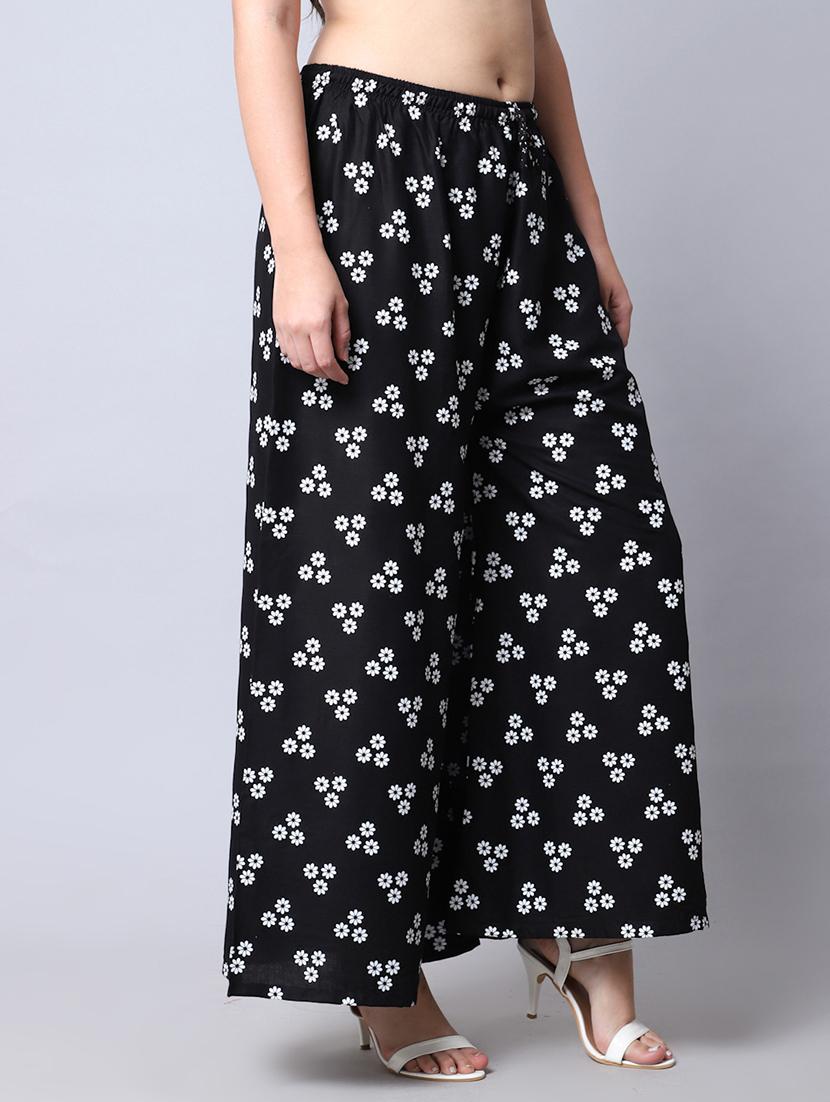 black floral print flared palazzo - 19125899 -  Standard Image - 1