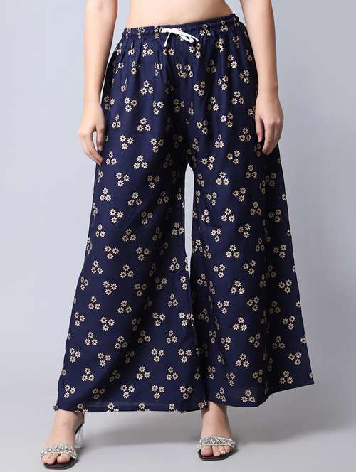 navy blue floral print flared palazzo - 19125907 -  Standard Image - 0