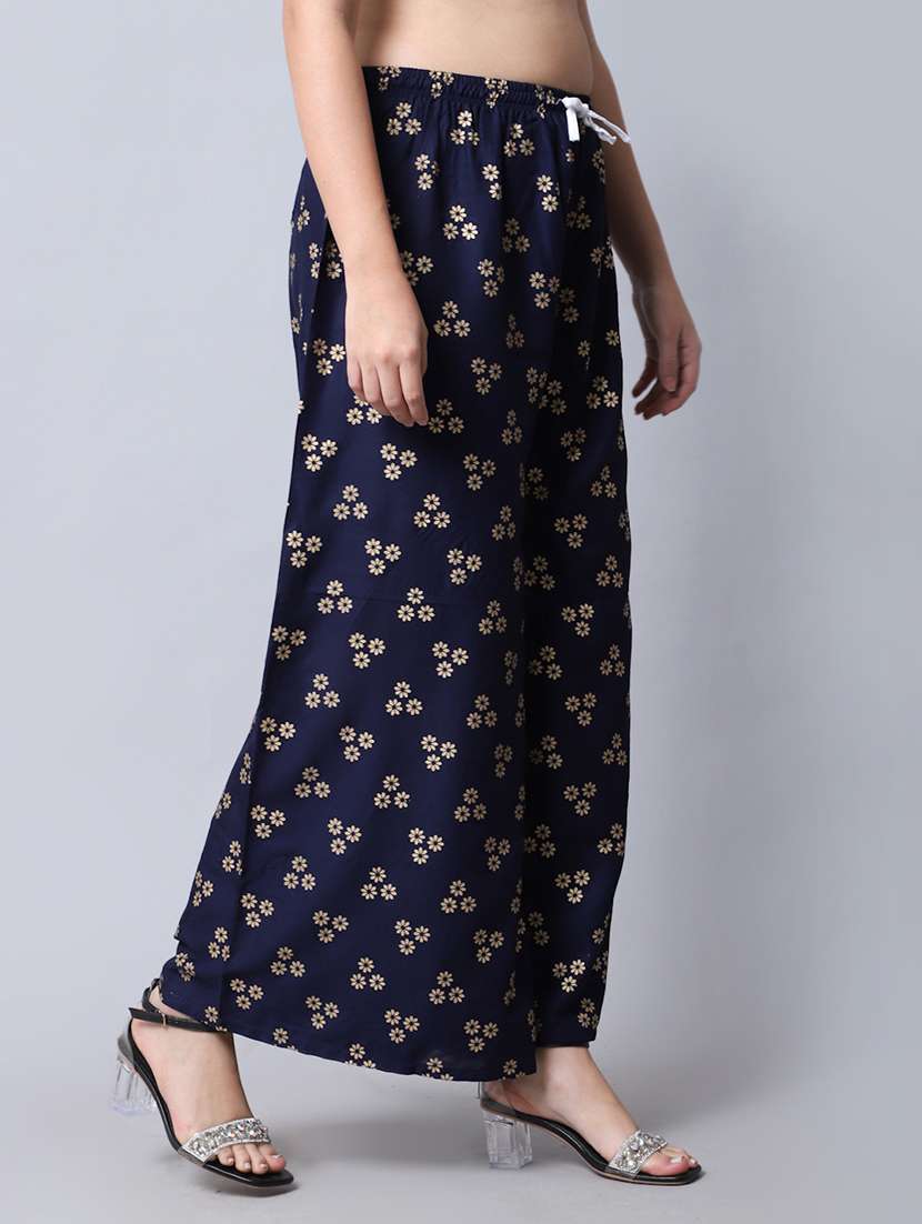navy blue floral print flared palazzo - 19125907 - Standard Image - 1