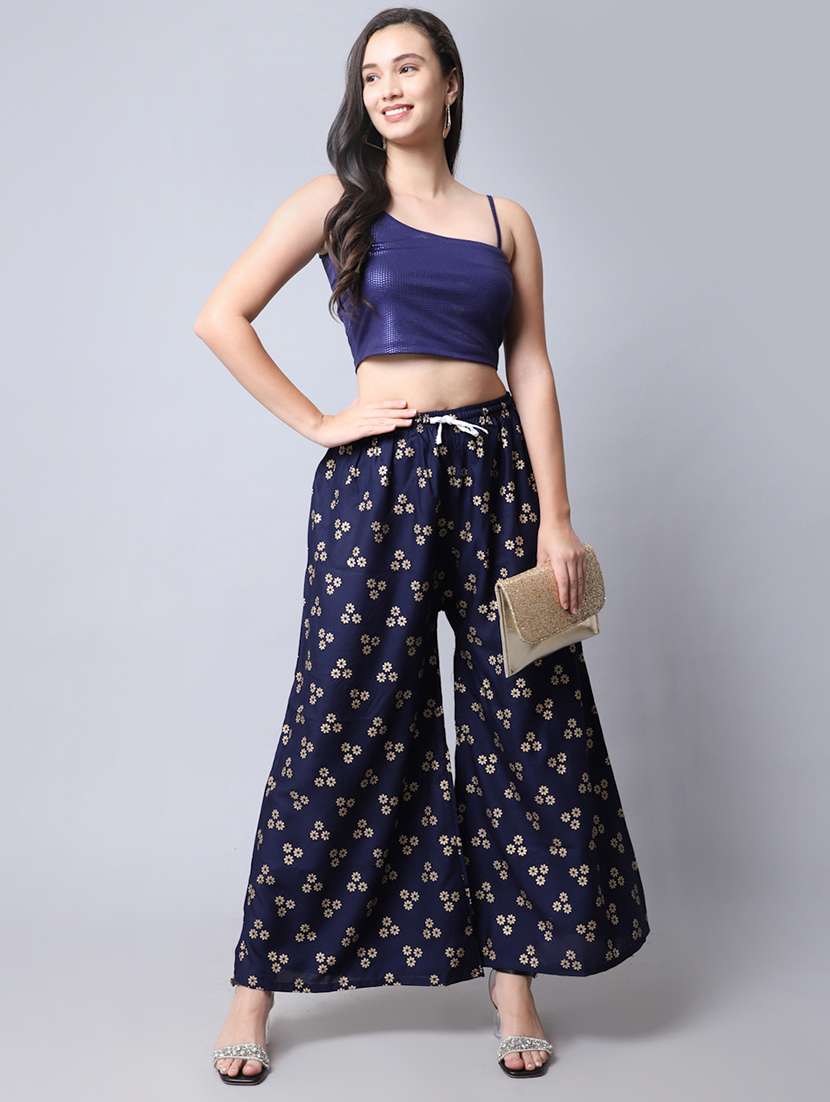 navy blue floral print flared palazzo - 19125907 - Standard Image - 4