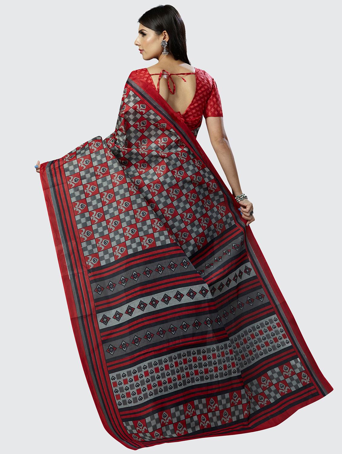 red cotton printed saree with blouse - 19126583 - Standard Image - 1