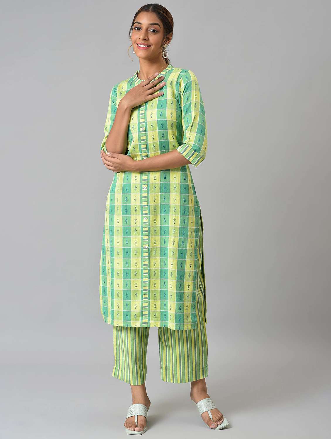 green printed kurta palazzo set