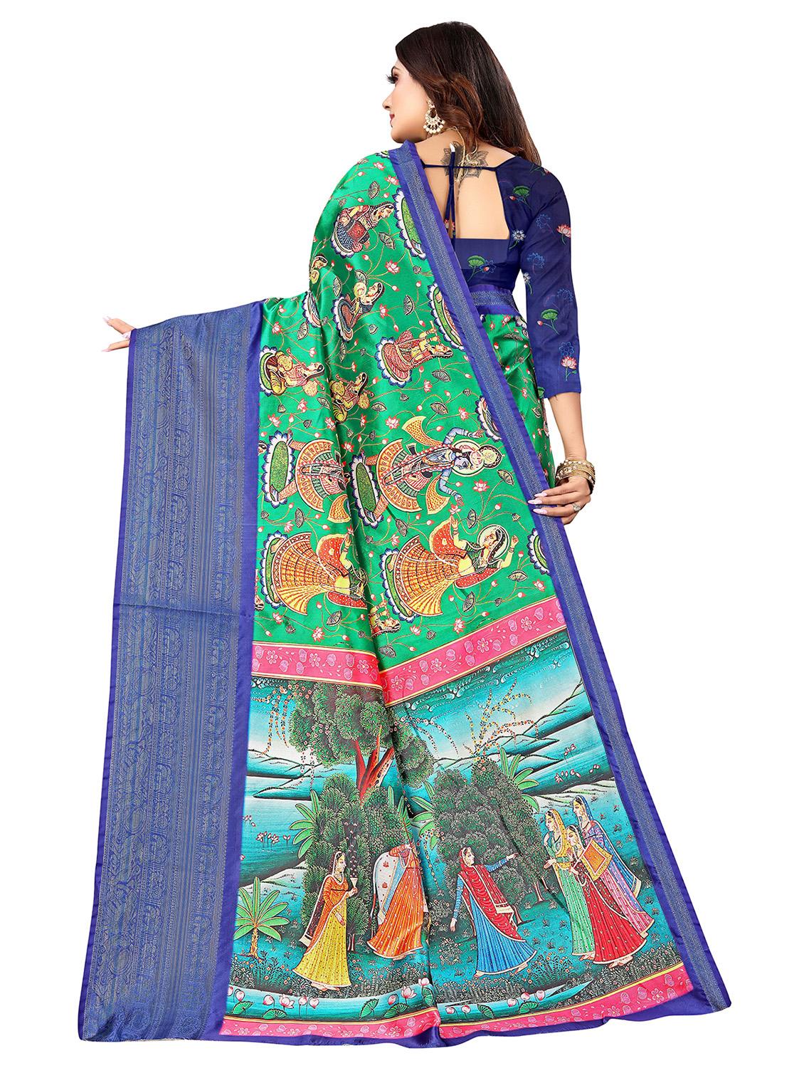 contrast bordered green printed saree with blouse - 19129170 -  Standard Image - 1