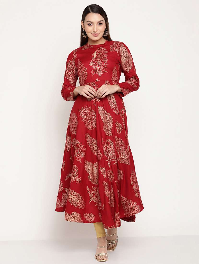 women maroon key hole neck flared kurta