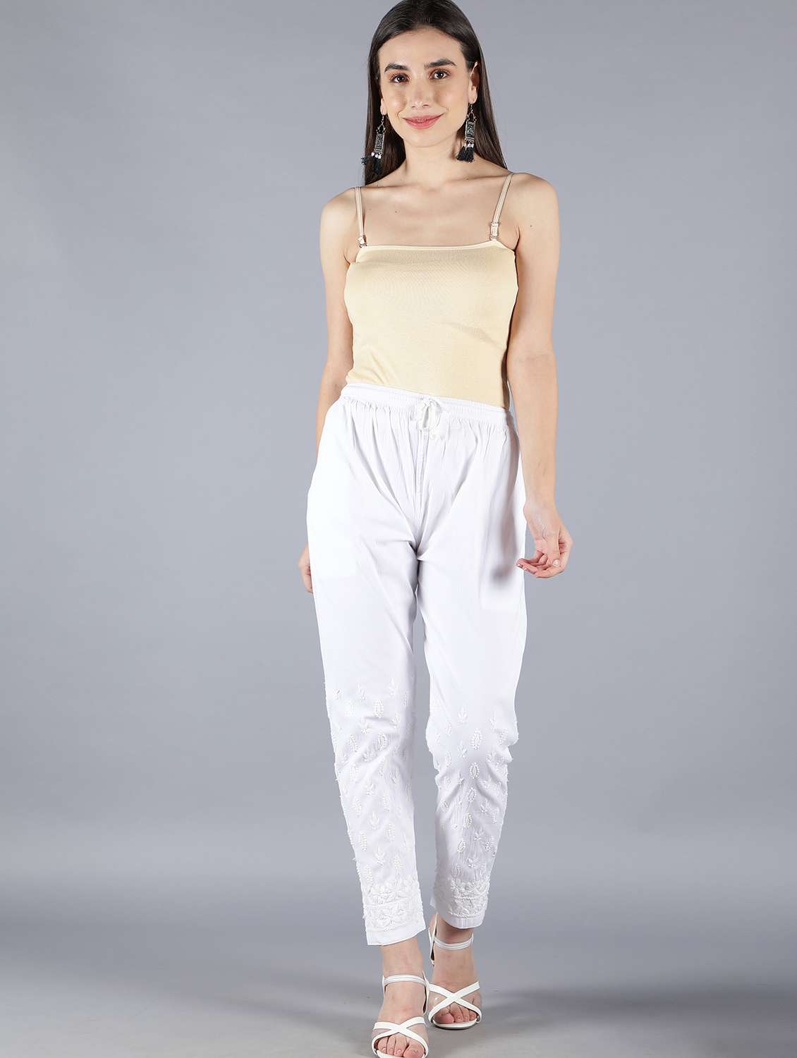 white solid flared palazzo straight tapered pant - 19138330 -  Standard Image - 4