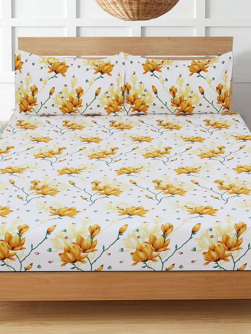 homeweaves golden lotus double bedsheet with 2 pillow covers - 220 x 220 cm