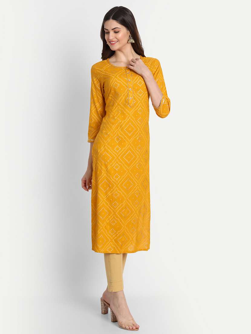 mustard printed a-line kurta - 19141821 - Standard Image - 1
