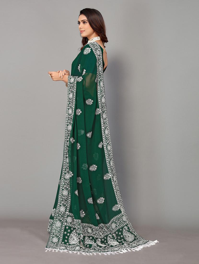 dark green georgette embroidered saree with blouse - 19142485 -  Standard Image - 1