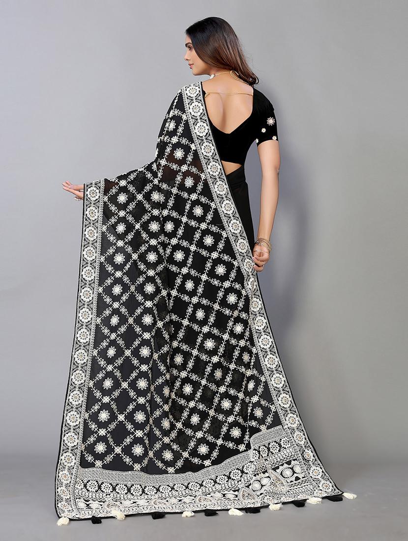 black georgette embroidered saree with blouse - 19142493 - Standard Image - 1